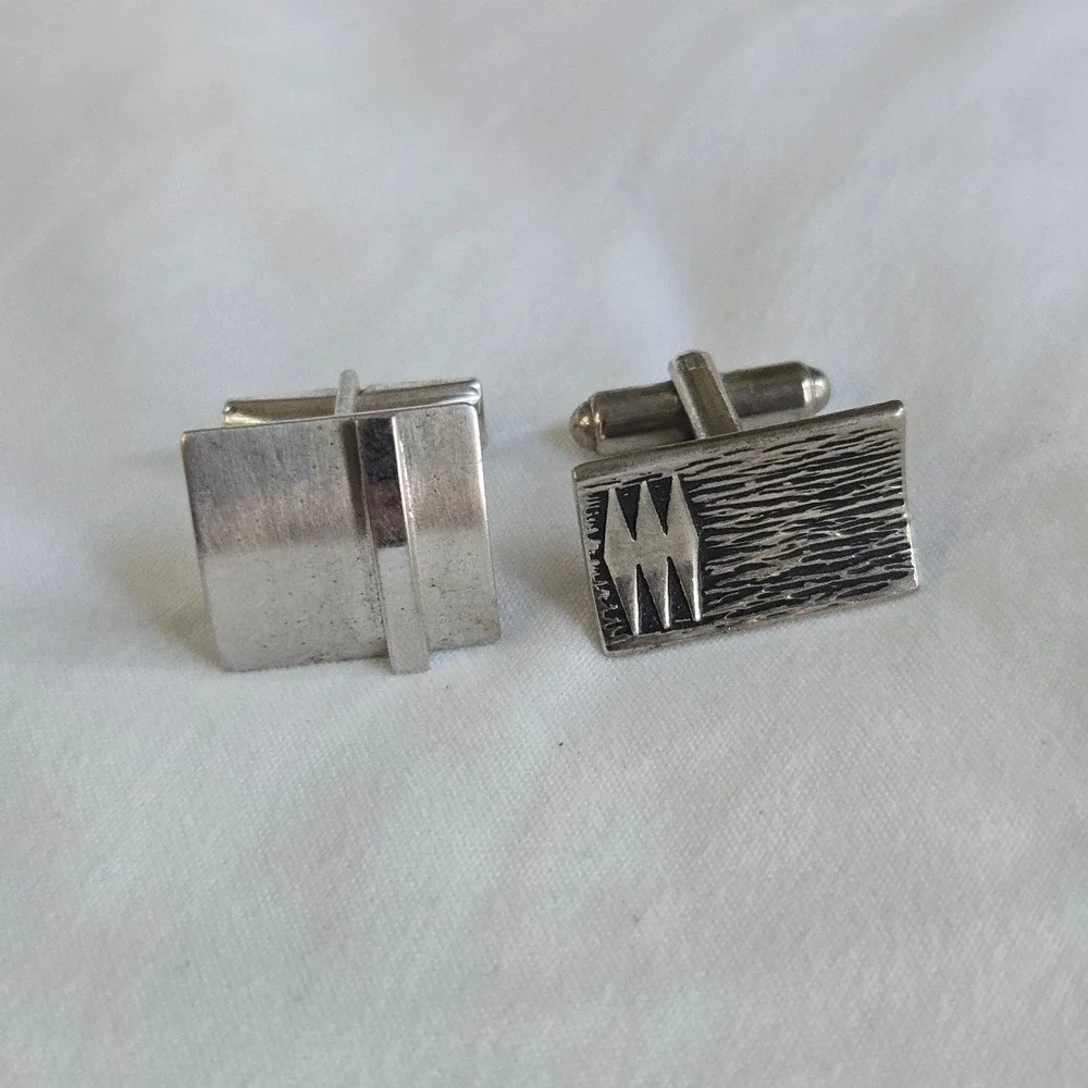 VTG Pioneer Mismatched Cufflinks Silver Tone Men OS Geometric Mid Century Modern